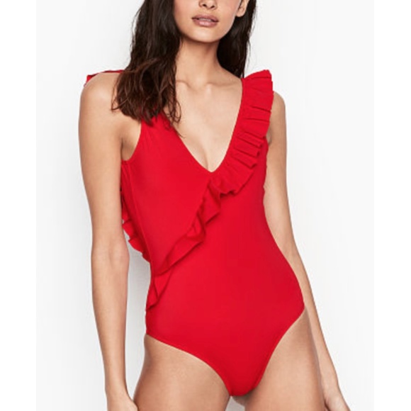 NEW LUZ Julia Cross Ruffle One-Piece Swimsuit Crimson Red - Picture 2 of 3